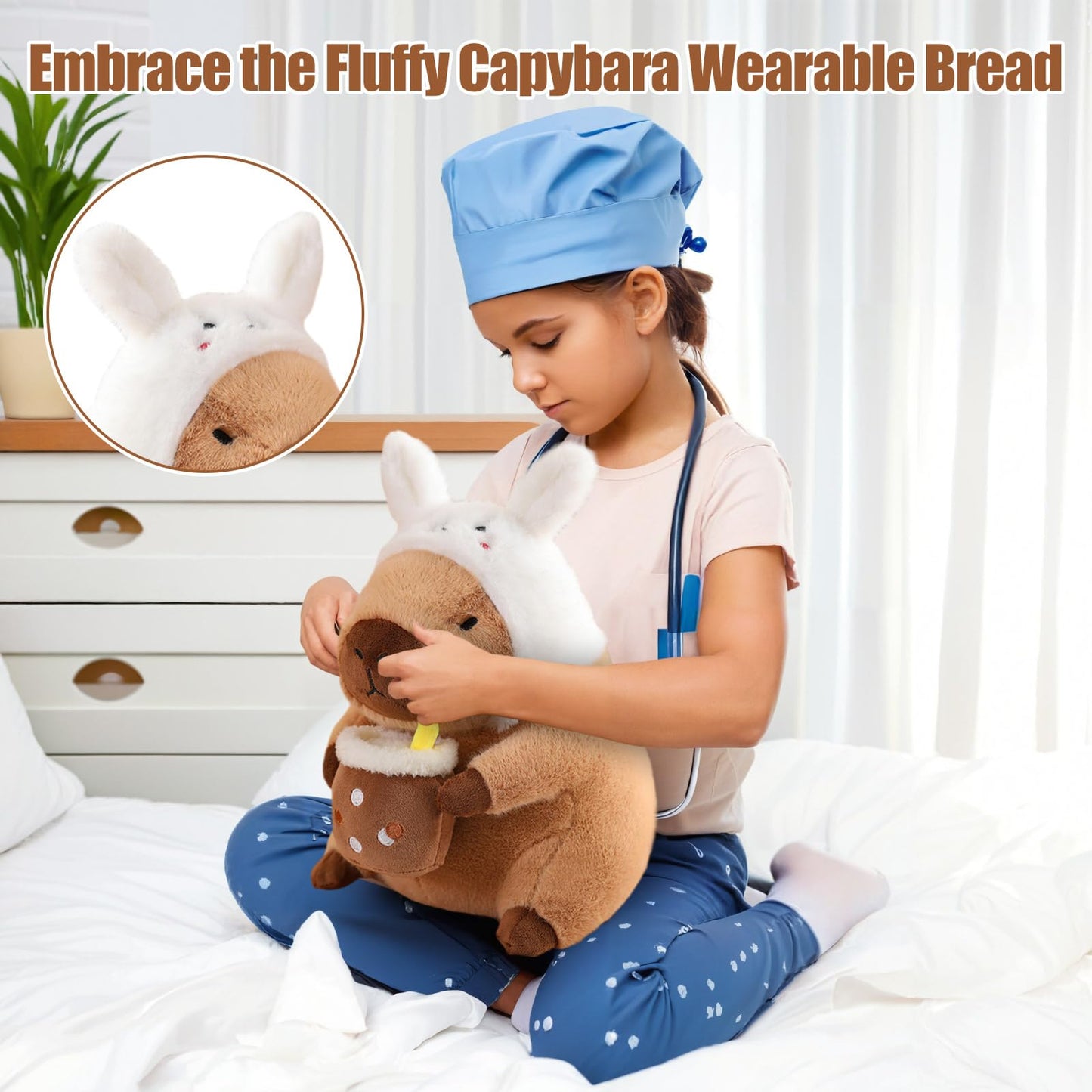 Child playing with capybara plush toy wearing a white bunny hat sitting on bed in cozy room