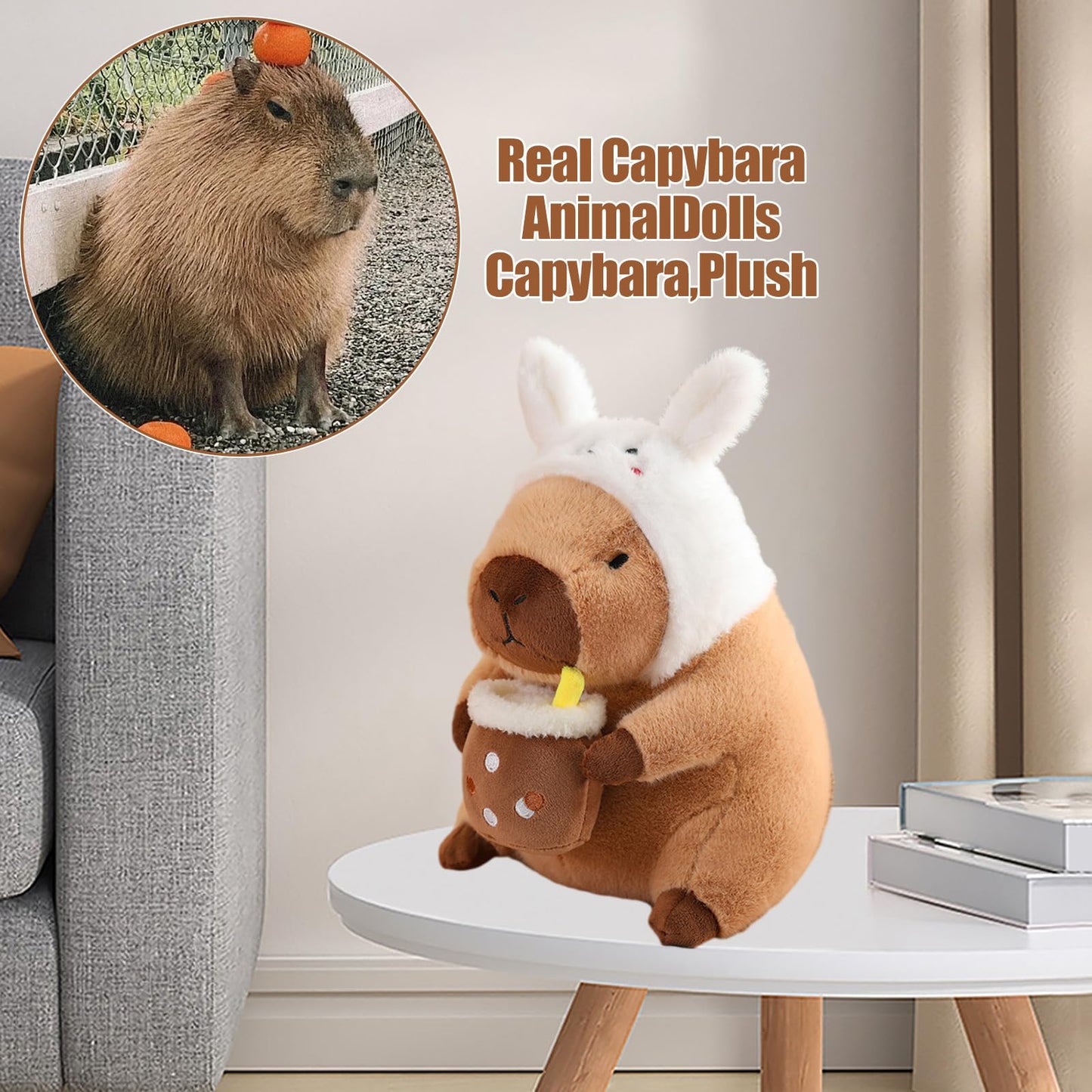 capybara plush toy wearing white bunny hat sitting on a white table holding a drink cup