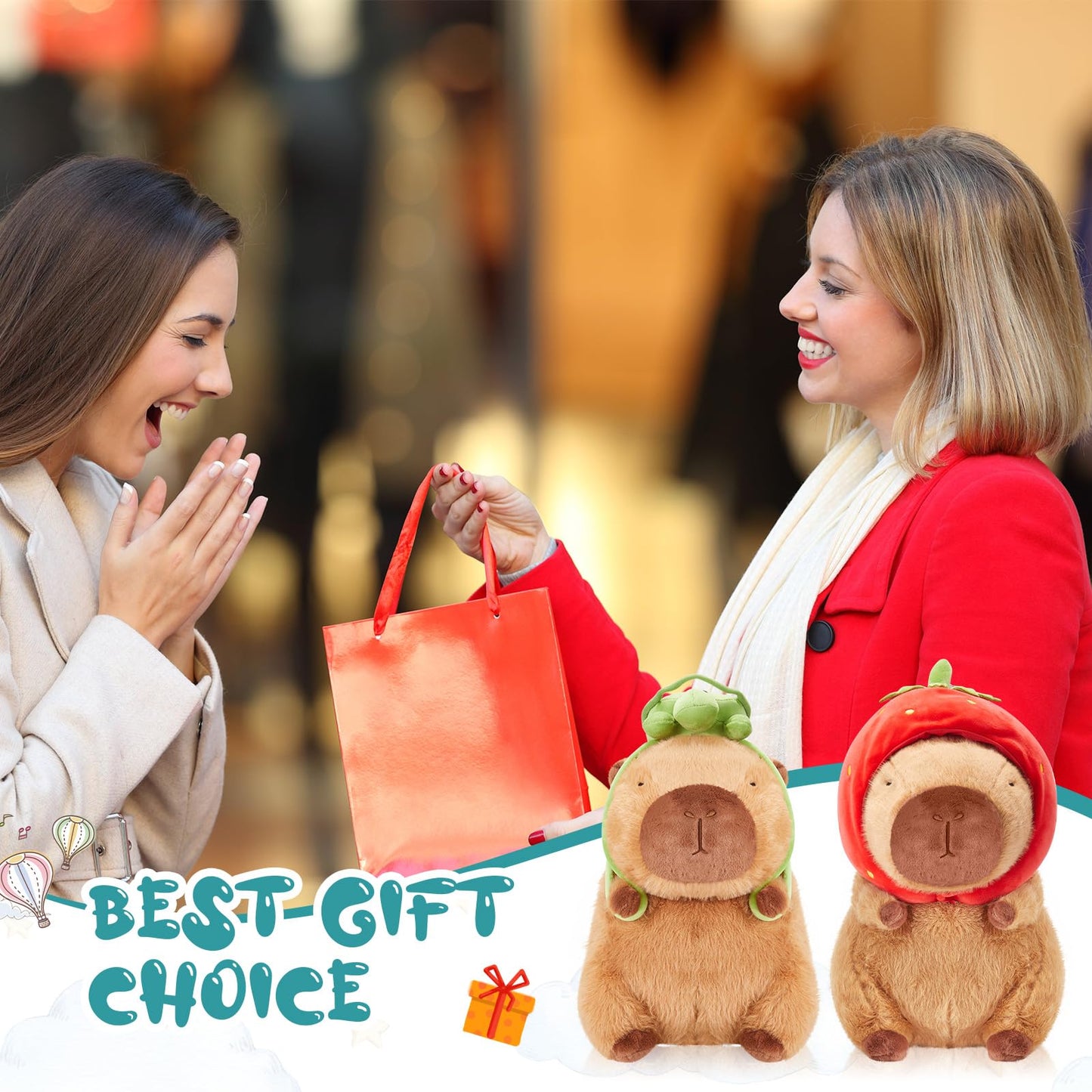 capybara plush toy set with cute vegetable hats next to women exchanging a gift bag