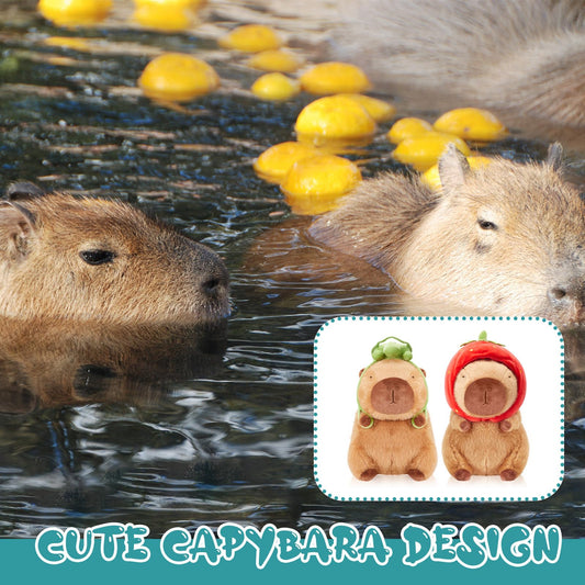 capybara plush toy set with two soft brown stuffed animals wearing fruit and turtle hats
