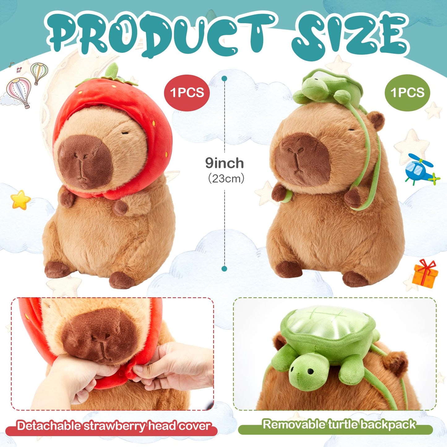 Capybara plush toy set by Simgoing featuring 9 inch soft plush capybaras with detachable strawberry head cover and removable turtle backpack