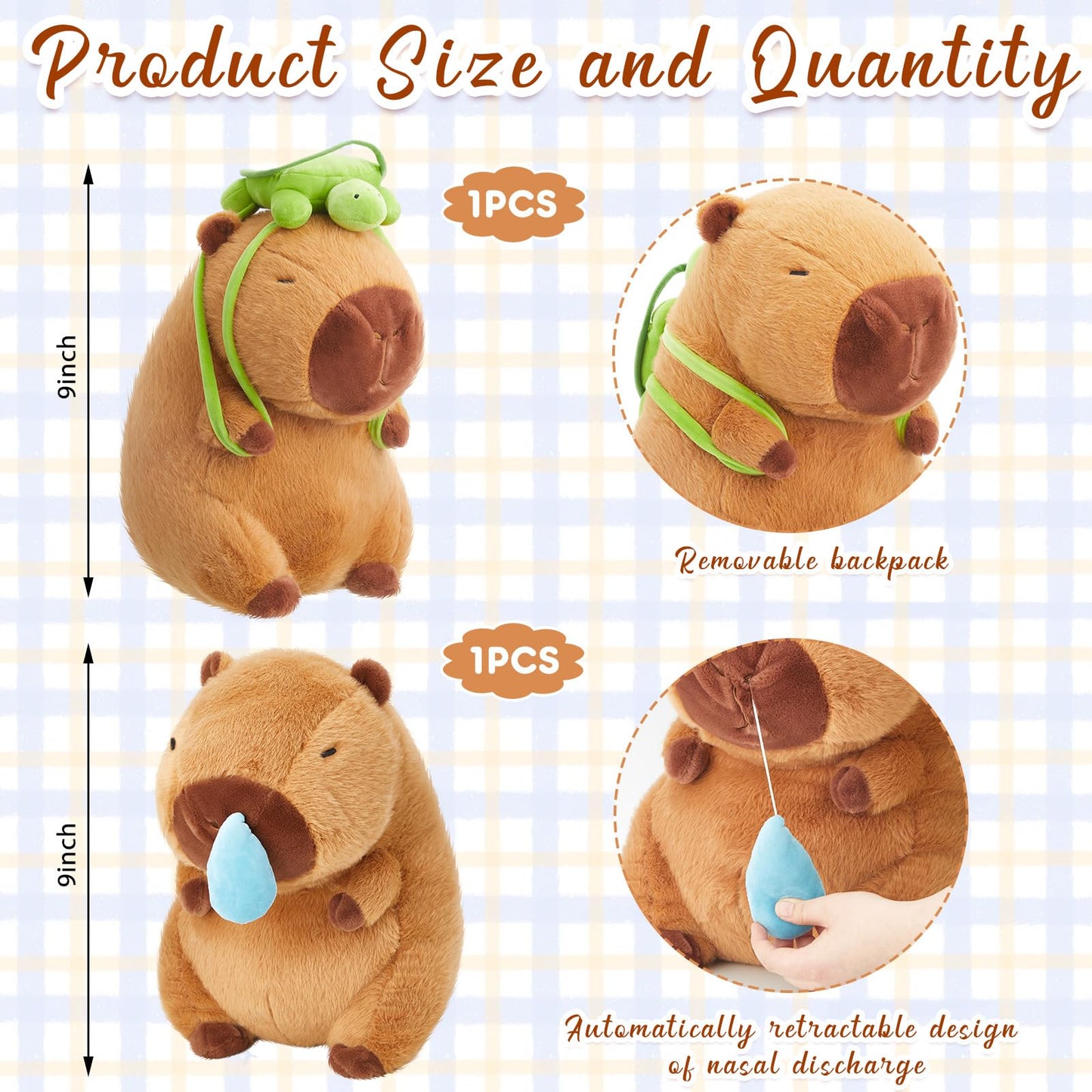 capybara plush toy set featuring two 9 inch plush toys with removable backpack and retractable nasal drip design