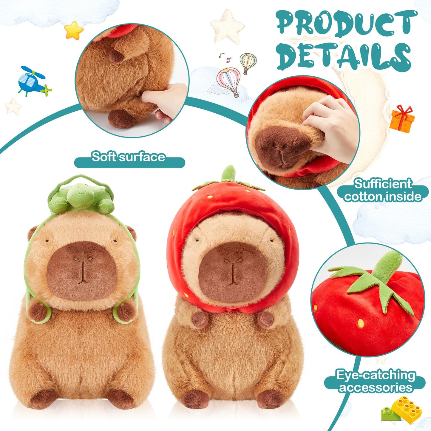 capybara plush toy set featuring soft surface, sufficient cotton inside, and eye-catching accessories