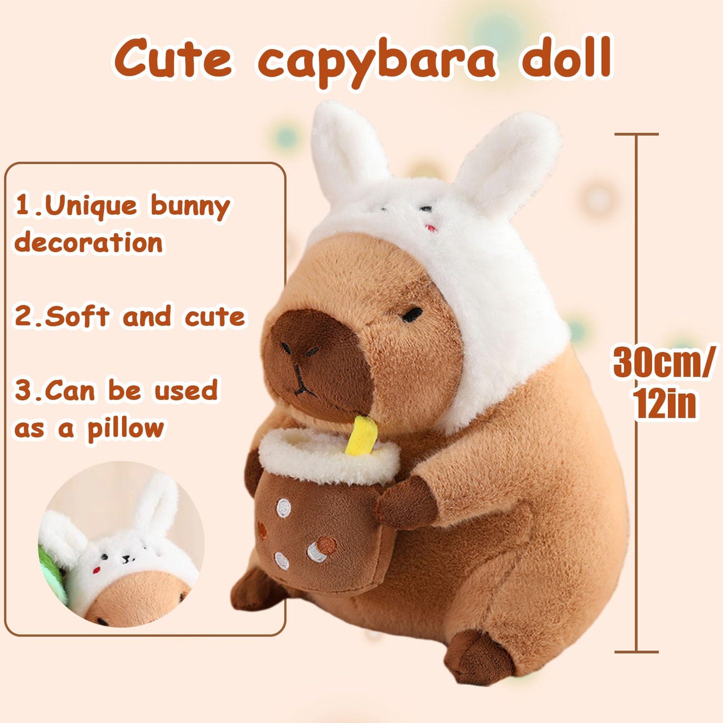 capybara plush toy wearing a white bunny hat holding a cup with a straw 12 inch soft pillow