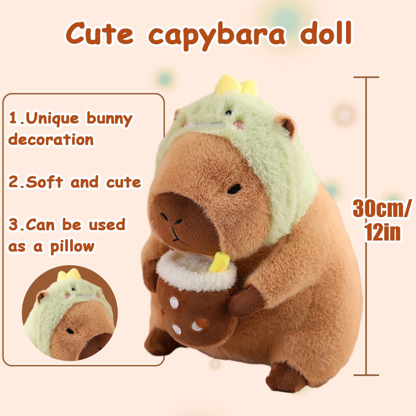 capybara plush toy with dinosaur hood holding a cup soft and cute pillow size 12 inches