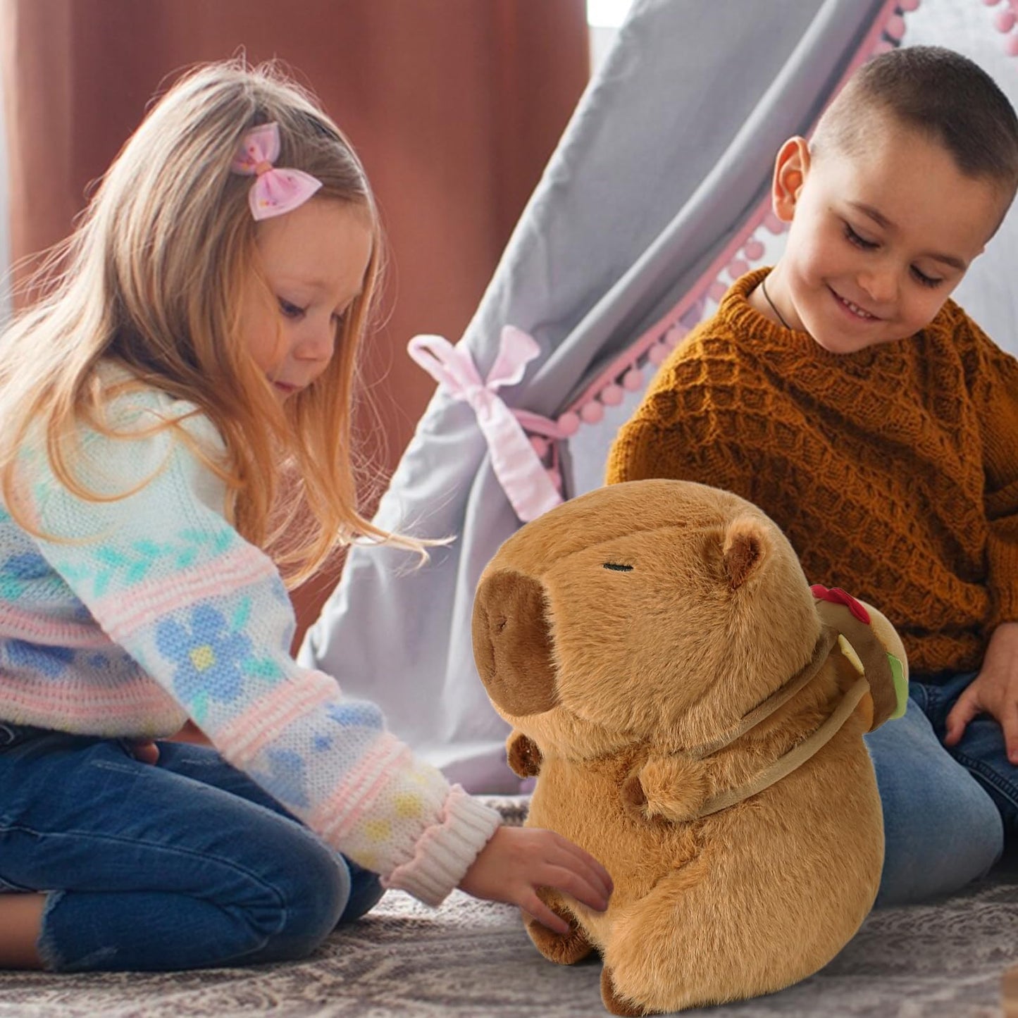 Children playing with a capybara plush toy with hamburger backpack on the floor indoors