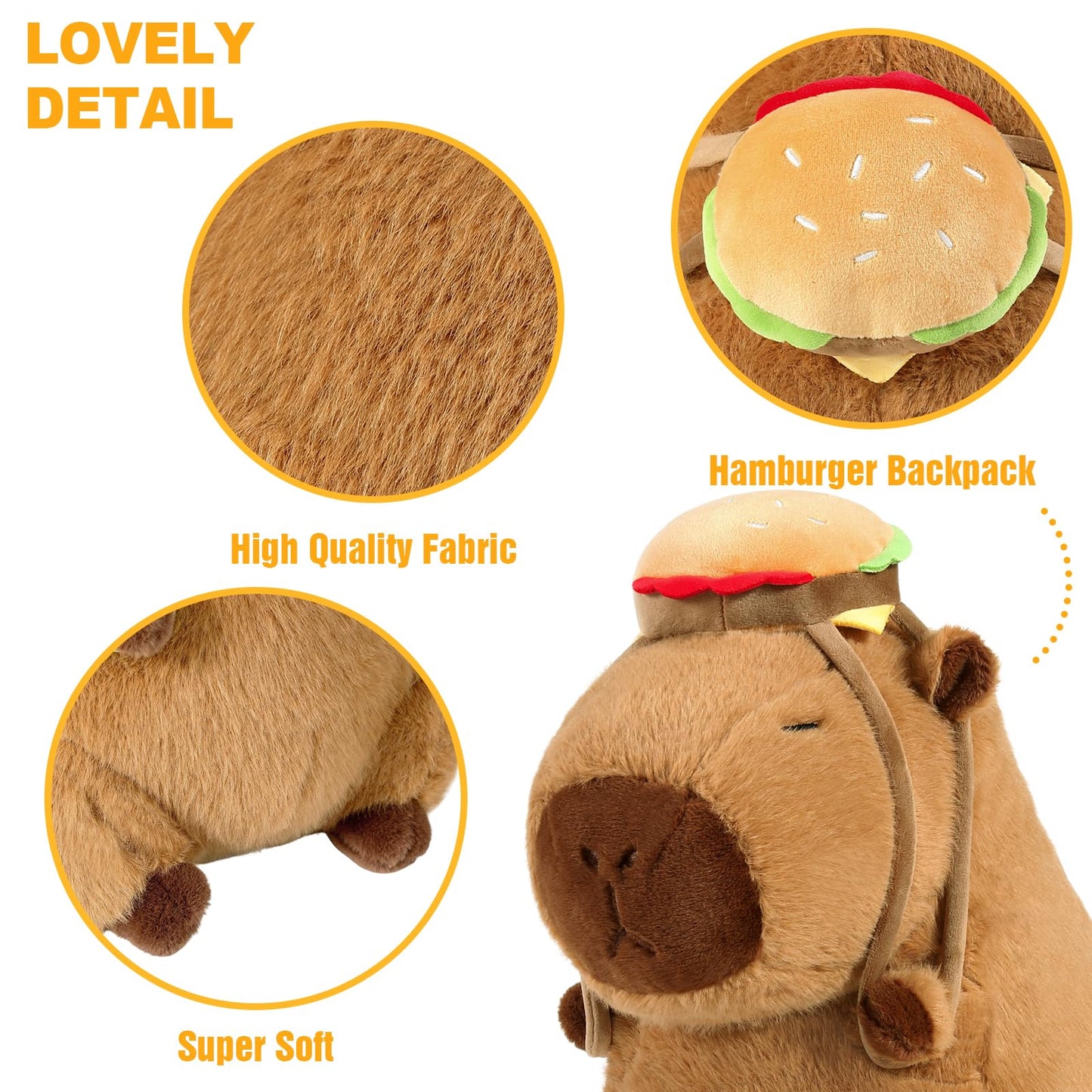 capybara plush toy with hamburger backpack made of high quality fabric, soft and detailed