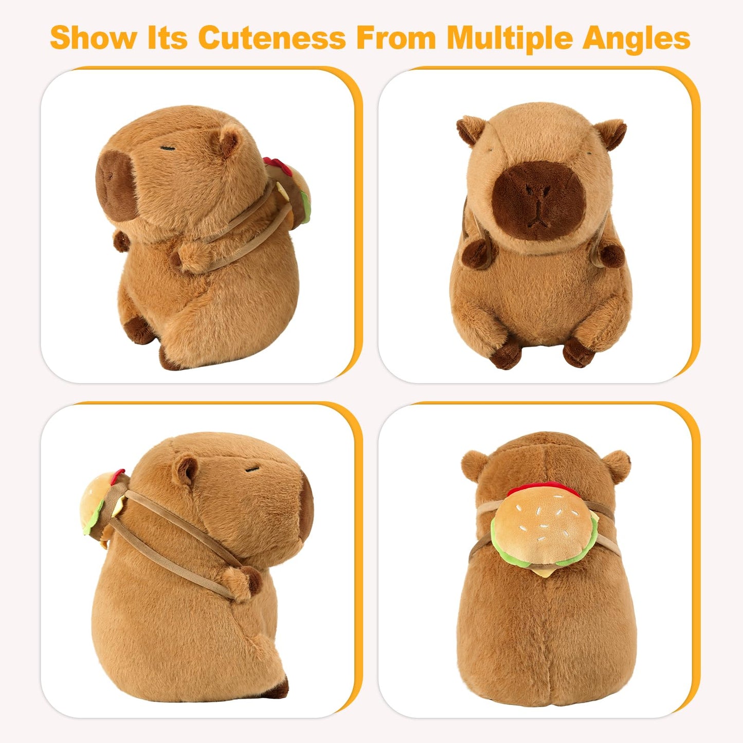 capybara plush toy with hamburger backpack shown from multiple angles soft brown stuffed animal