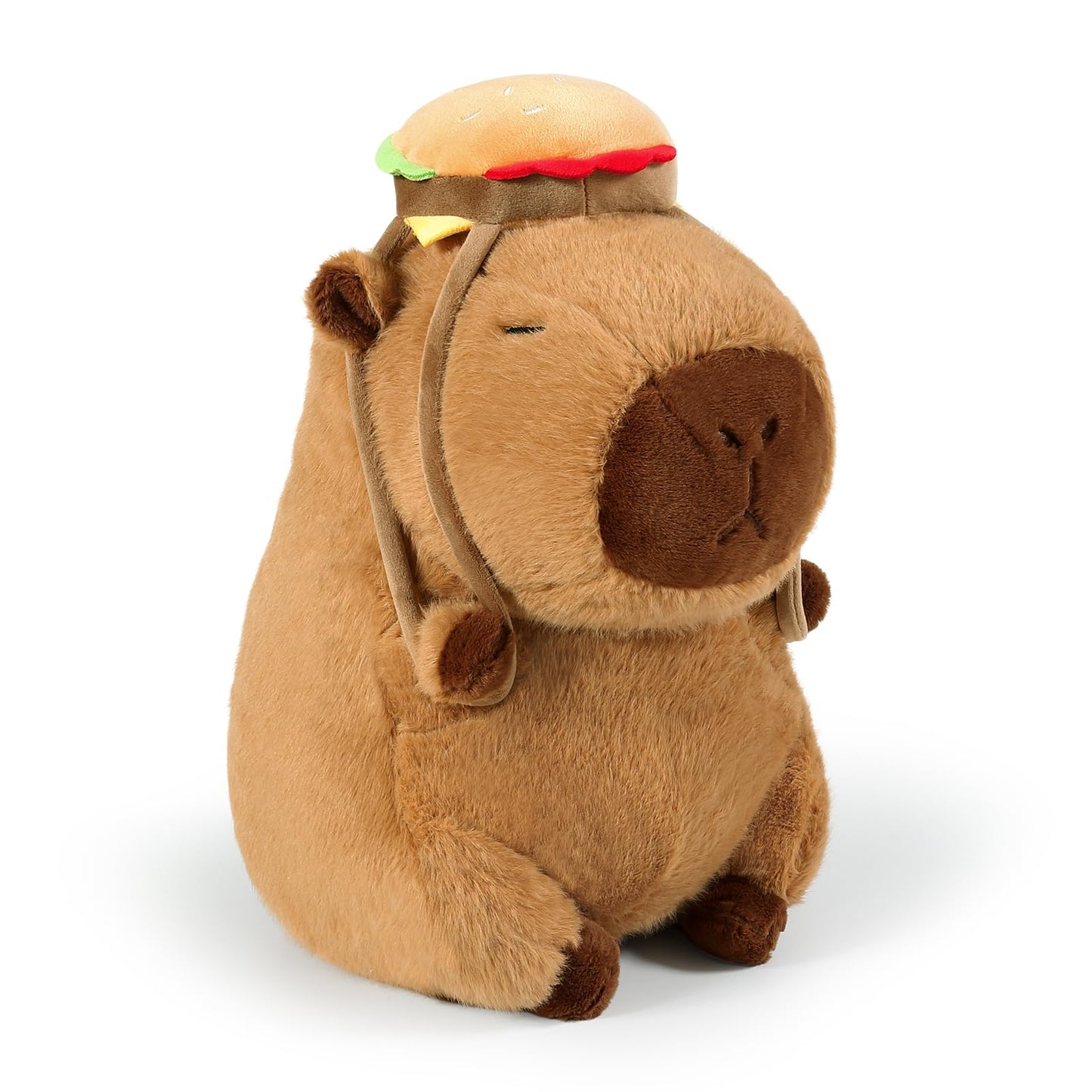 Cute brown capybara plush toy with hamburger backpack by Ditucu soft and cuddly stuffed animal
