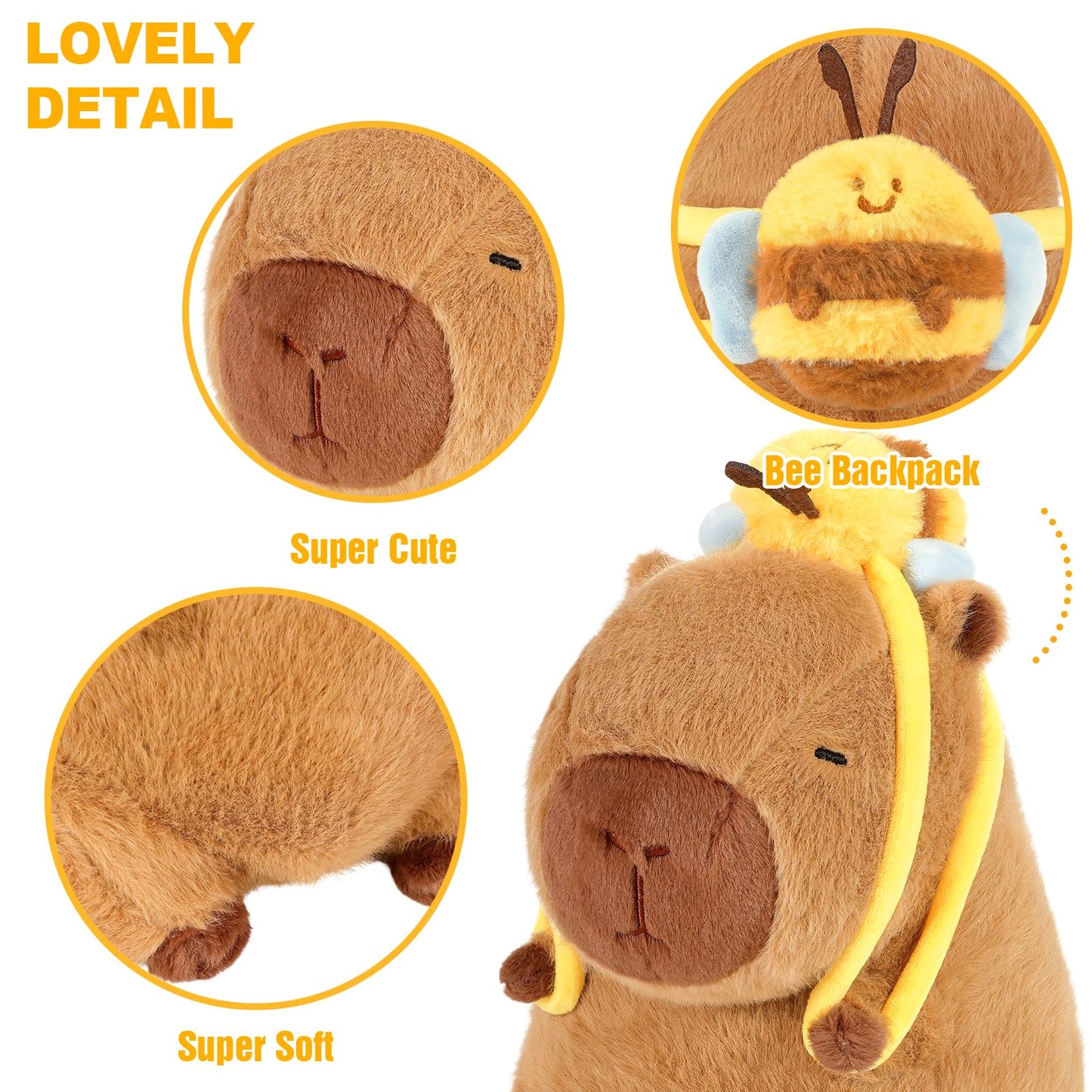 capybara plush with bee backpack showing soft fur and cute embroidered face details