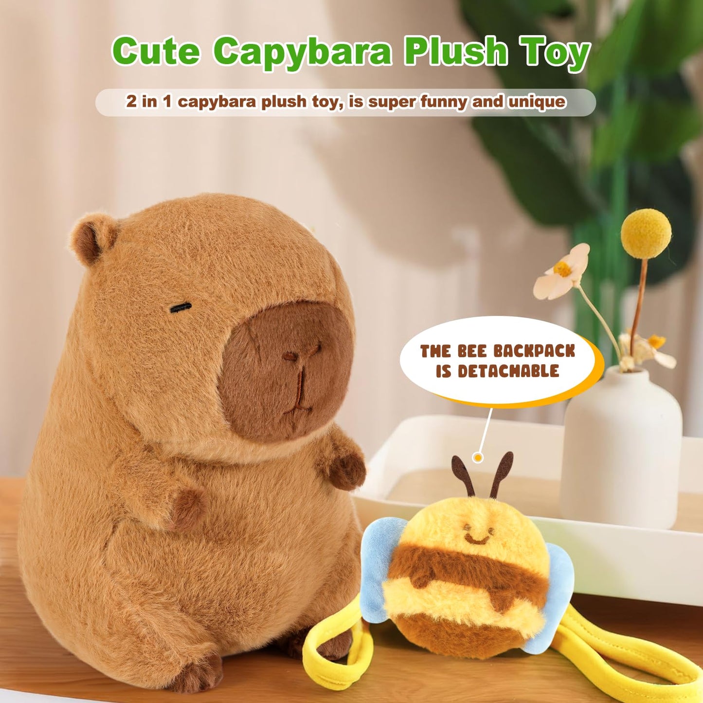 capybara plush with bee backpack featuring a soft brown capybara toy and detachable yellow bee backpack