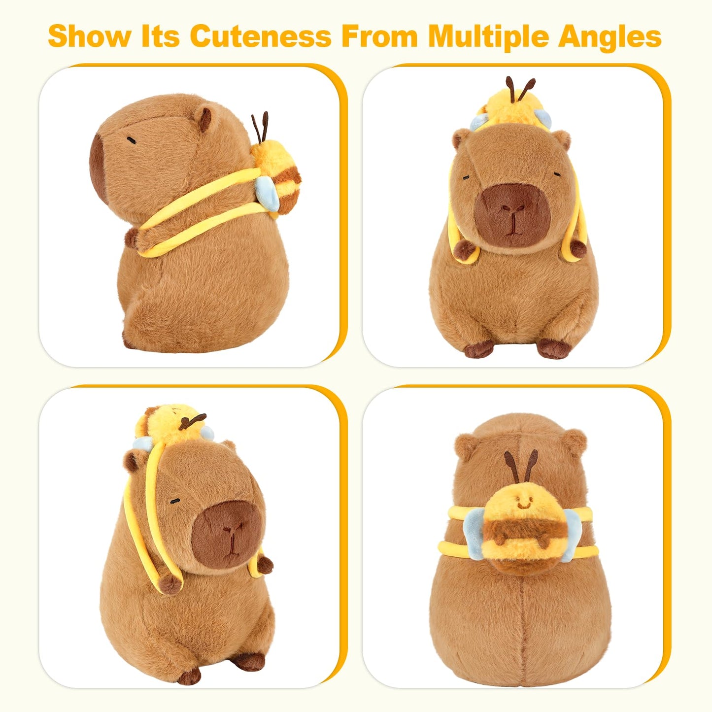 capybara plush with bee backpack shown from multiple angles soft and cute stuffed animal