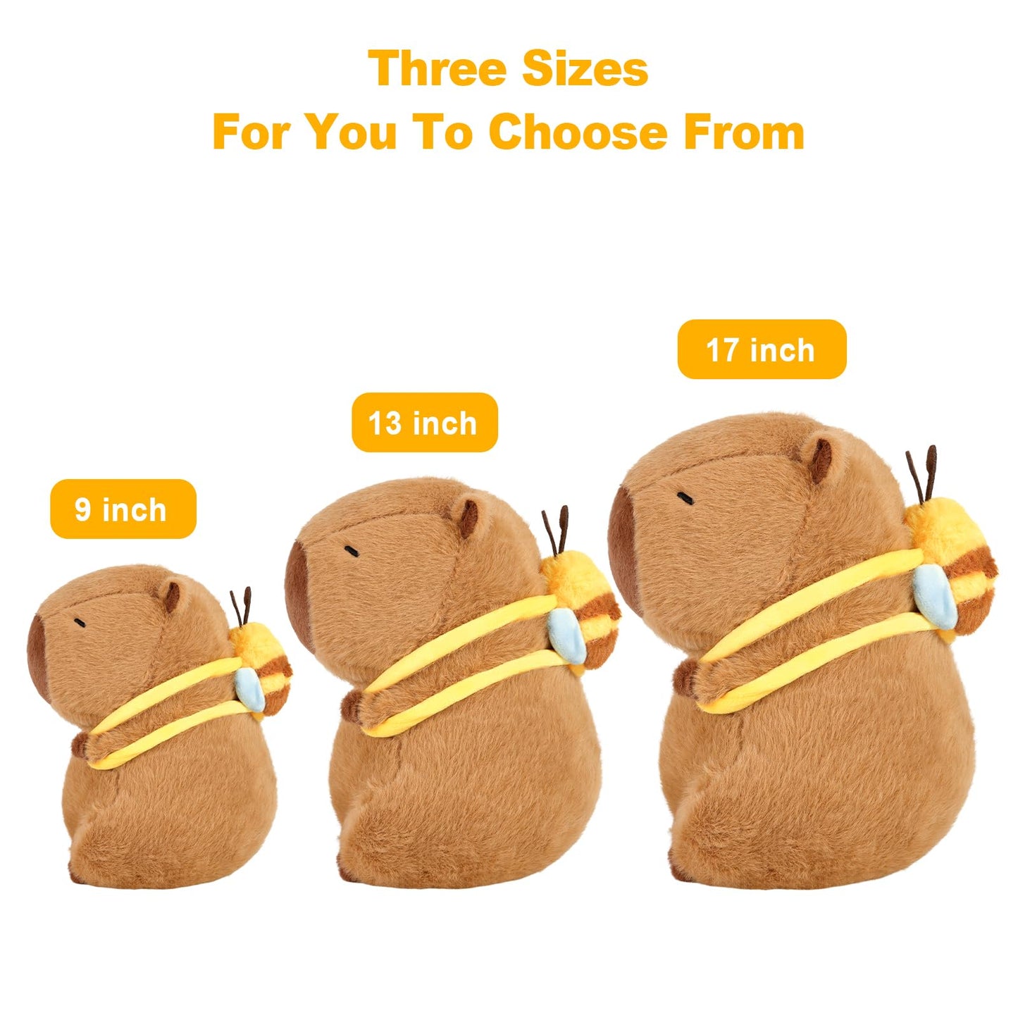 Three sizes of capybara plush with bee backpack in 9 inch 13 inch and 17 inch