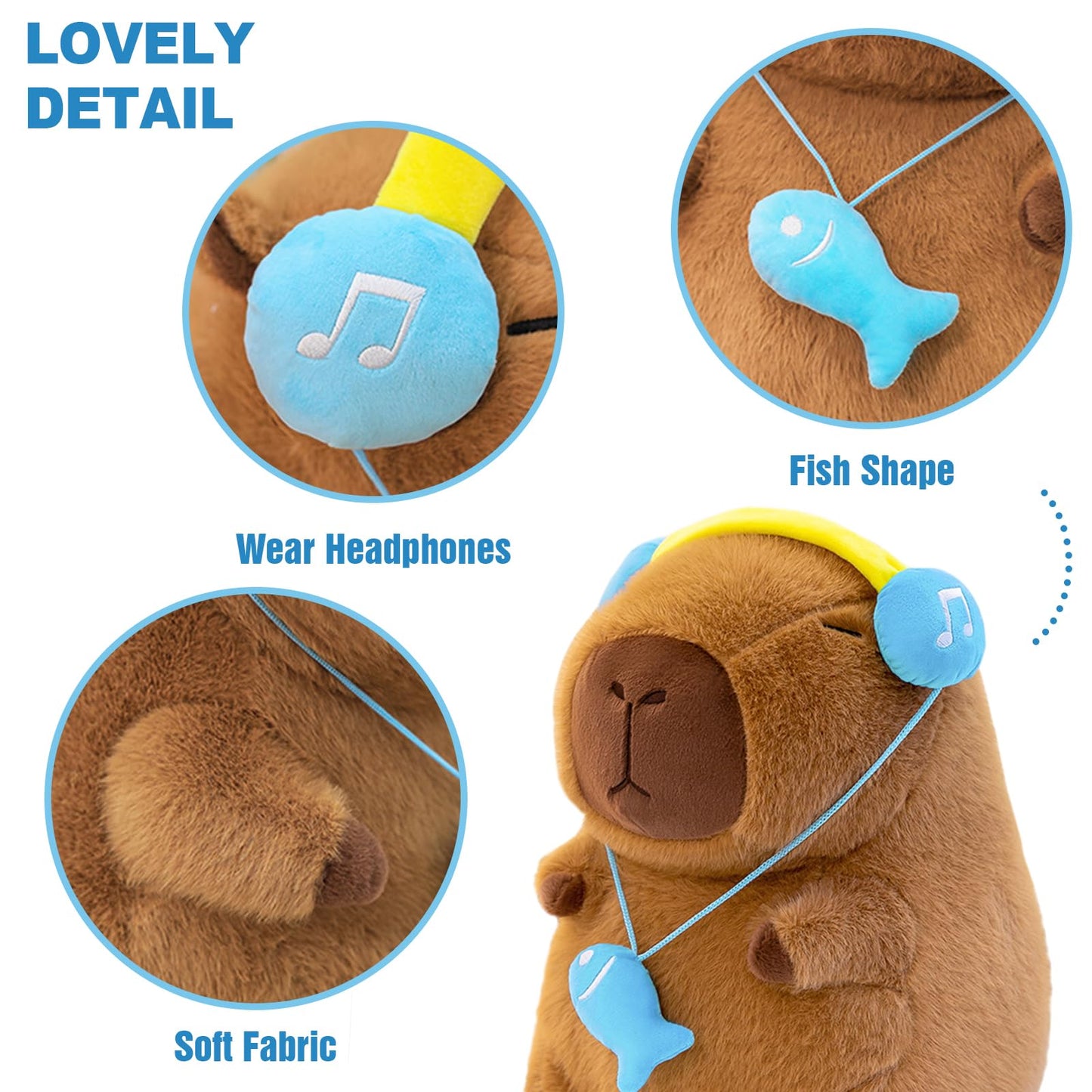 Capybara plush with headset wearing blue headphones and fish-shaped accessory in soft fabric