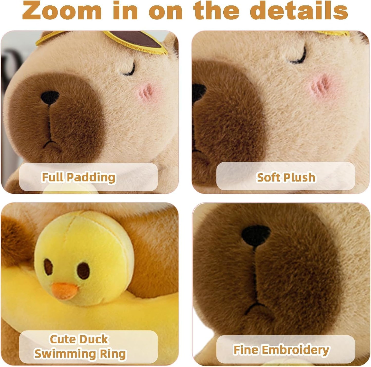 Close-up details of capybara plush with swim ring showing soft plush, full padding, cute duck swimming ring, and fine embroidery