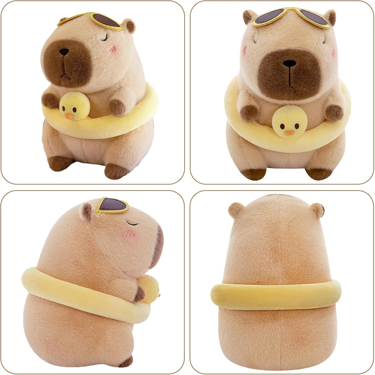 capybara plush with swim ring wearing sunglasses and holding a small duck float