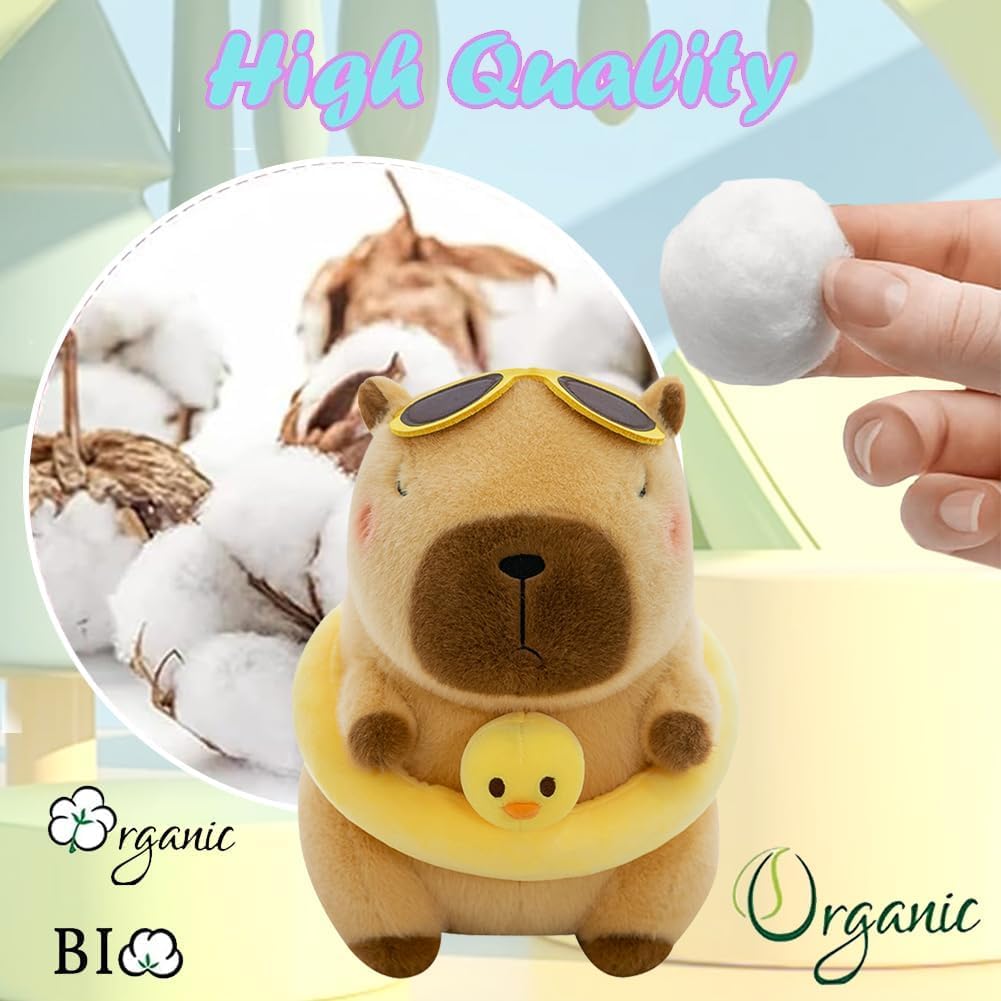 capybara plush with swim ring wearing yellow sunglasses and duck float with soft organic cotton