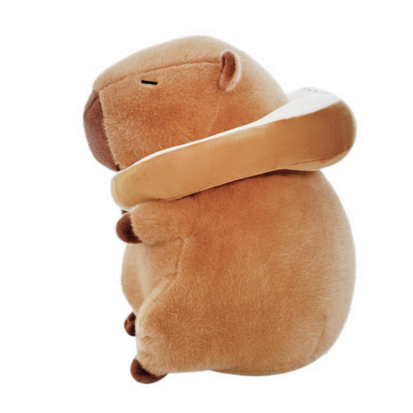 capybara plush with toast collar sitting with closed eyes in soft brown fabric