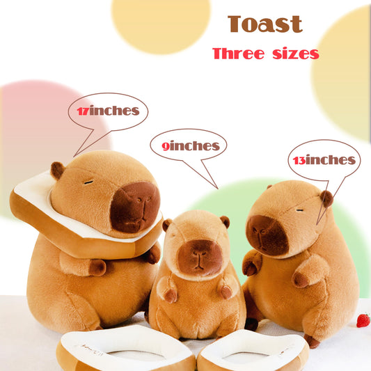 Soft brown capybara plush with toast collar sitting with eyes closed by TXDRRA
