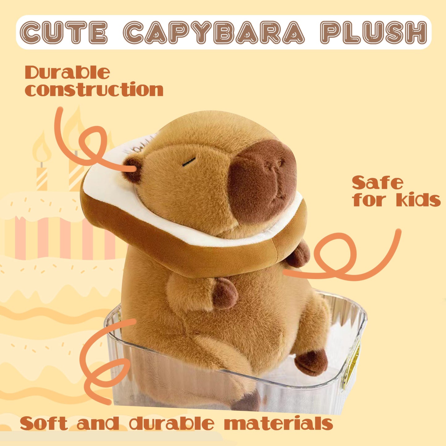 Capybara plush with toast collar in soft brown fabric sitting in a clear container safe for kids