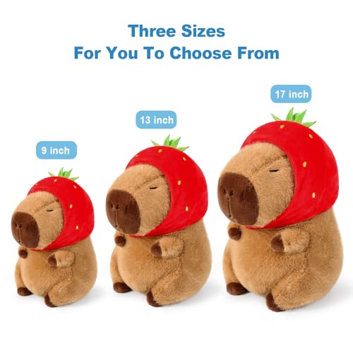 Capybara stuffed animal with strawberry hat in three sizes 9 inch 13 inch and 17 inch by Ditucu