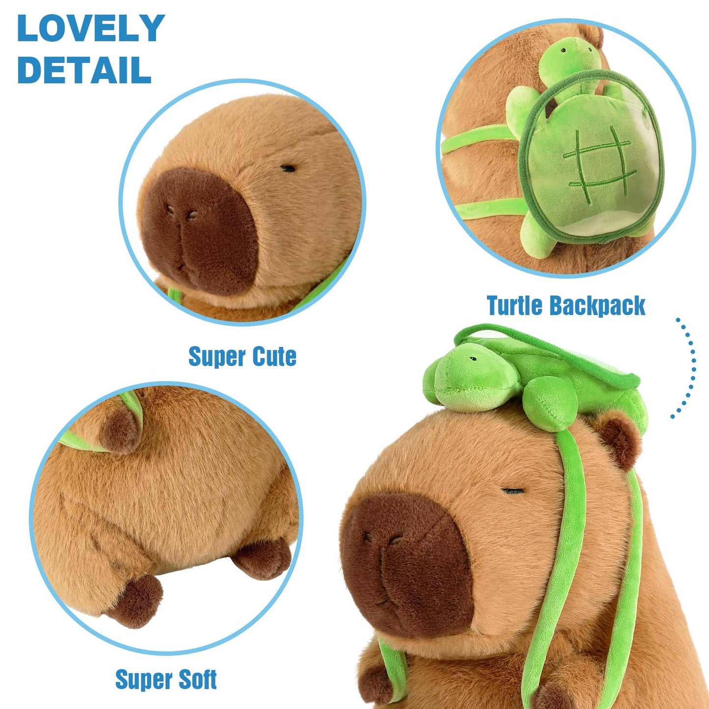 Capybara stuffed animal with turtle backpack showing soft brown fur and cute green turtle backpack