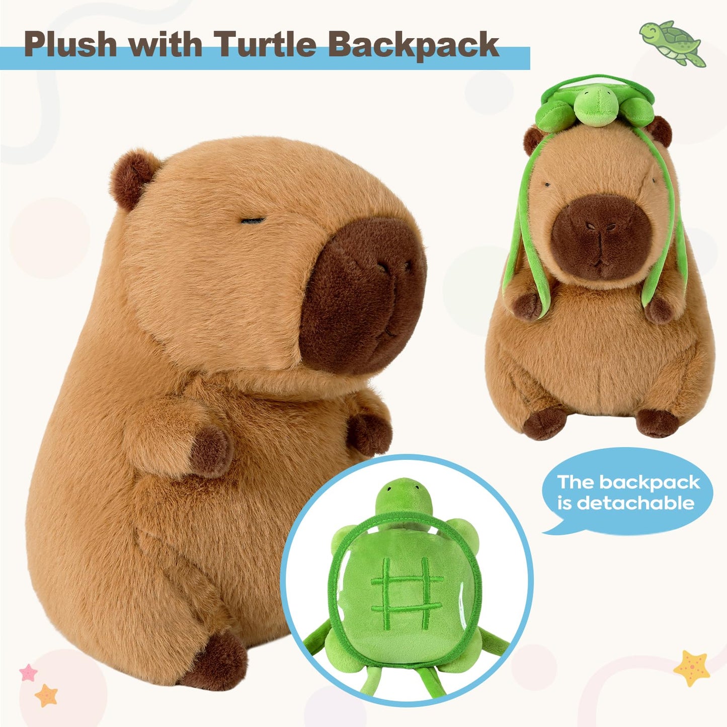 Capybara stuffed animal with turtle backpack plush toy with detachable green turtle backpack