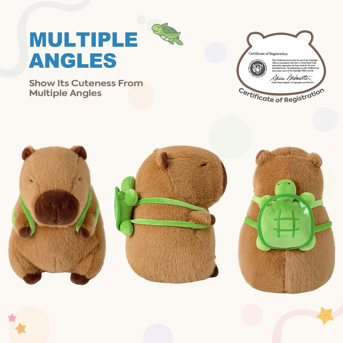 capybara stuffed animal with turtle backpack shown from front side and back multiple angles