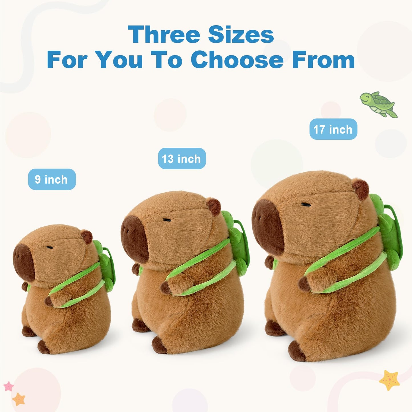 Capybara stuffed animal with turtle backpack available in three sizes 9 inch 13 inch and 17 inch