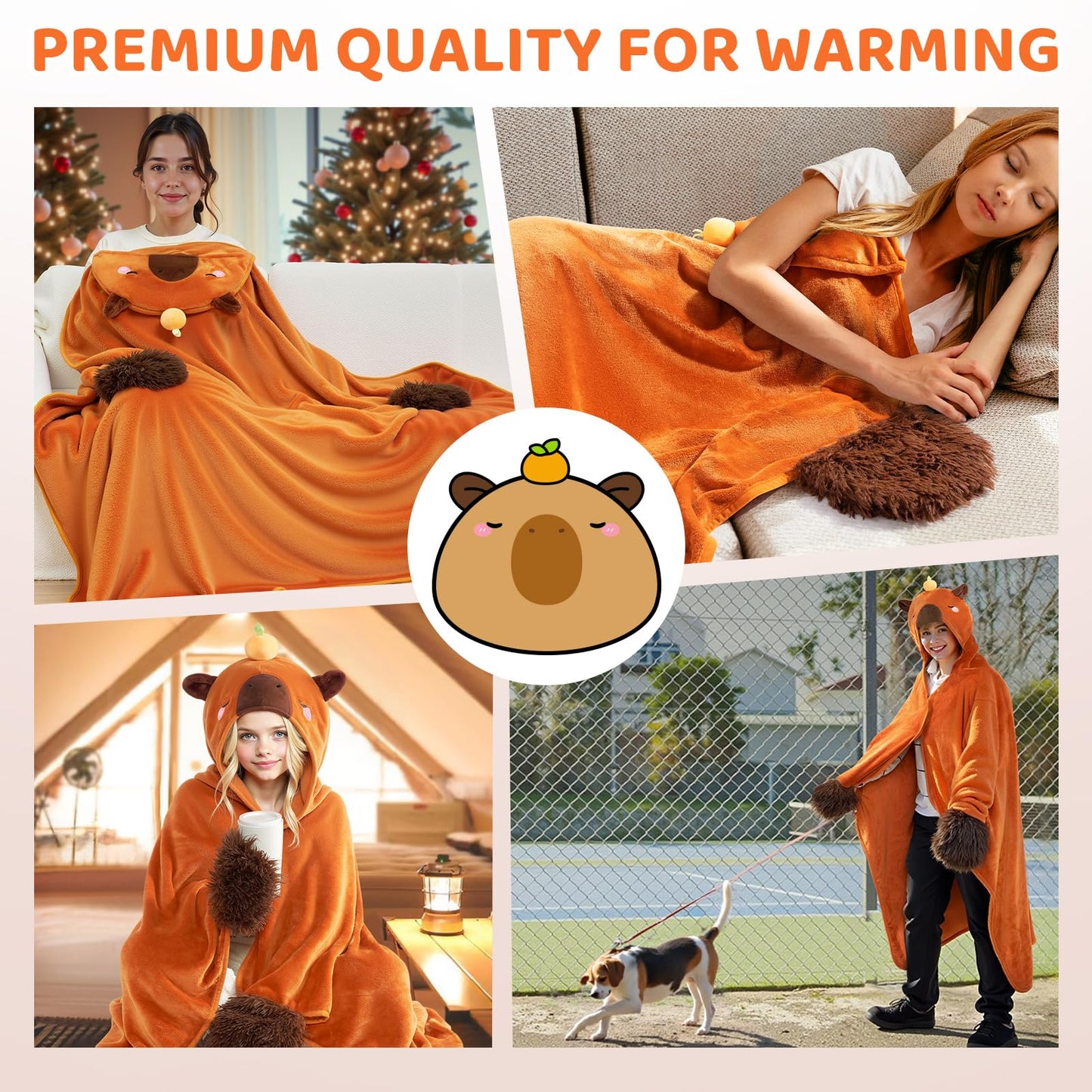 capybara wearable blanket hoodie in orange with cozy hood and paw gloves for warming comfort