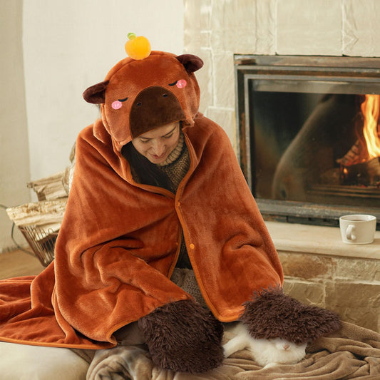 capybara wearable blanket hoodie in orange with cute capybara face and ears hood design