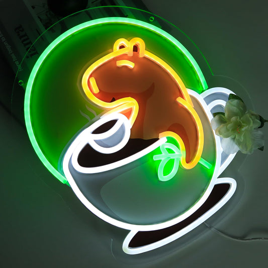 WittyRhE cute animal neon wall decor featuring a glowing bear inside a coffee cup with green halo background