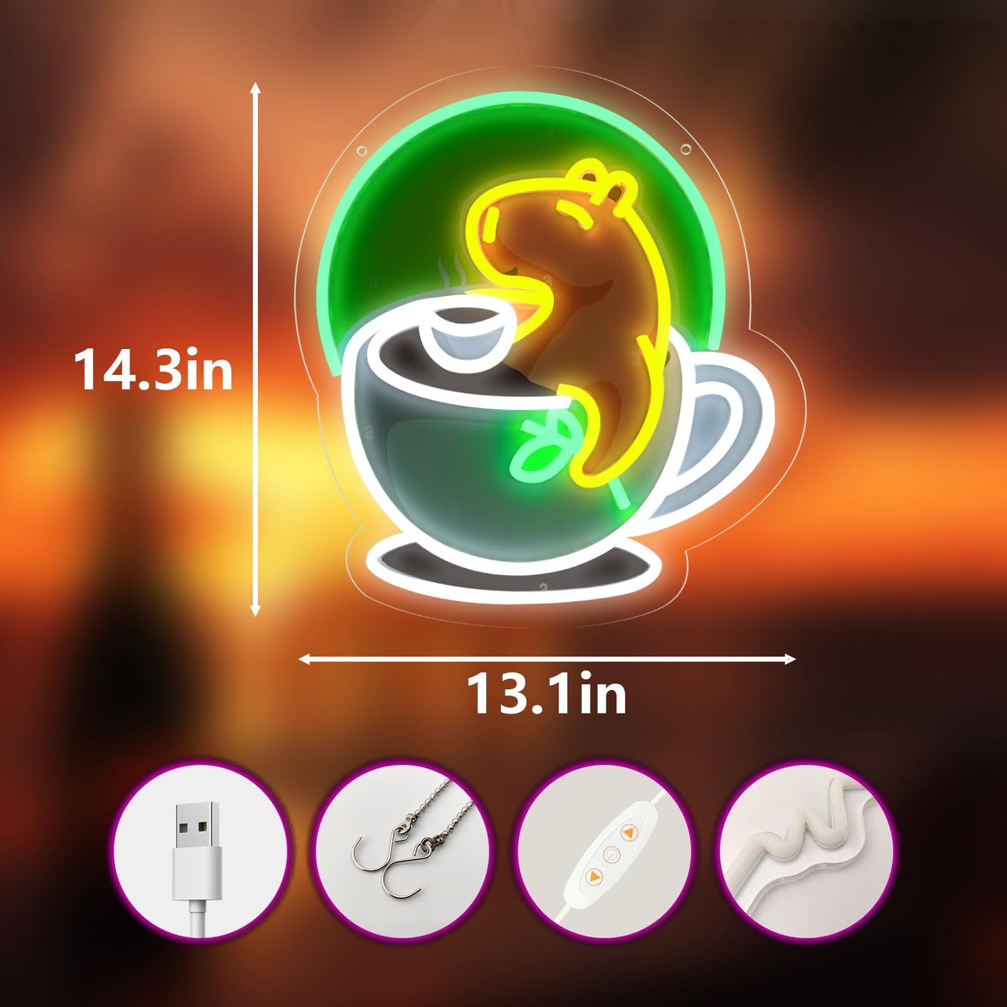 Cute animal neon wall decor featuring a bear in a coffee cup with green and yellow lights