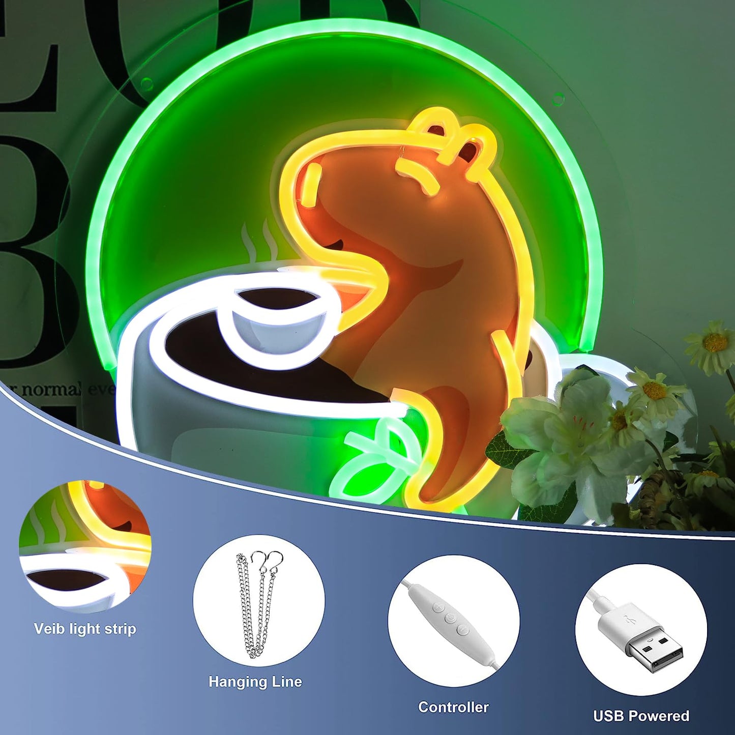 WittyRhE cute animal neon wall decor of a glowing capybara holding a cup with green and yellow light