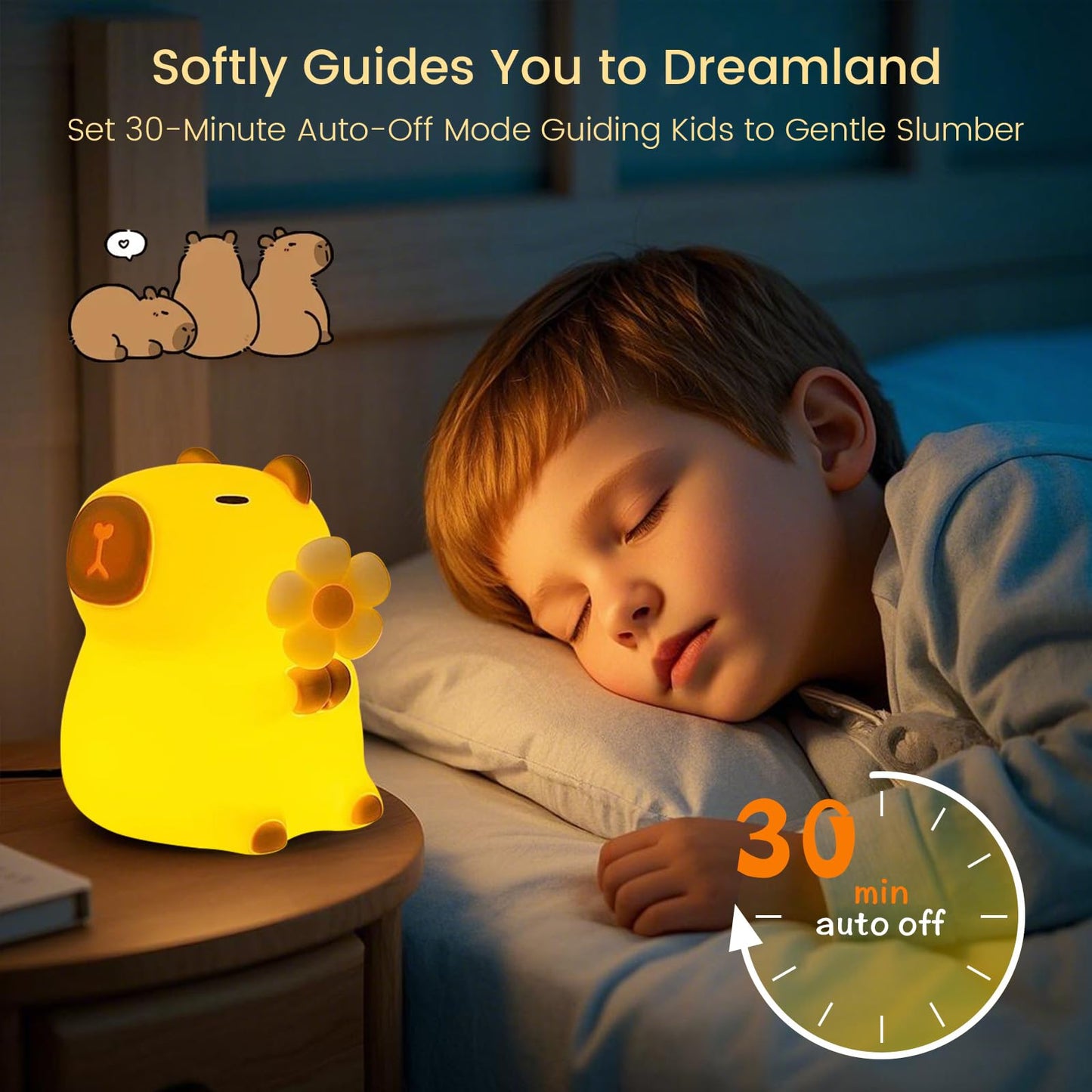 Cute animal nursery lamp glowing softly on bedside table next to sleeping child with 30-minute auto-off