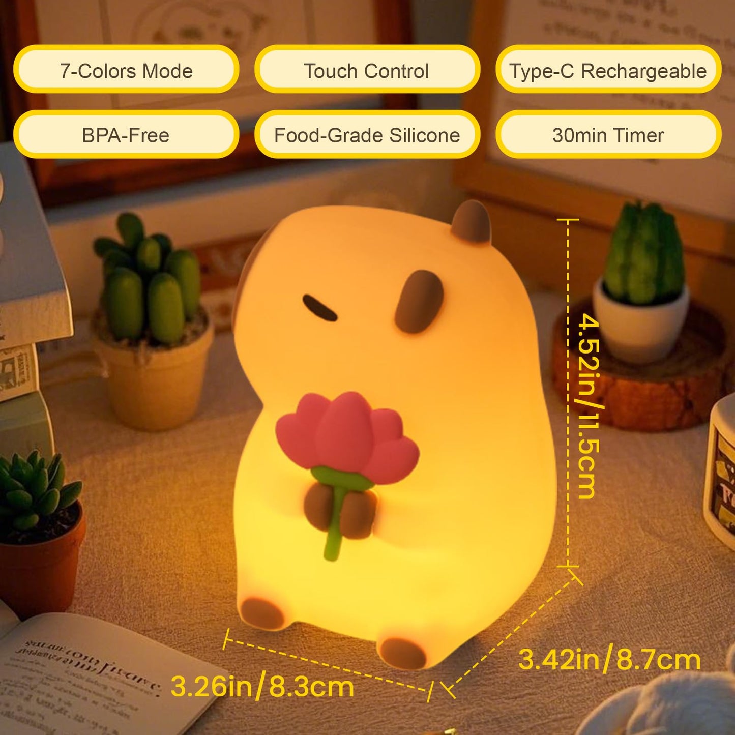 cute animal nursery lamp with touch control and 7-colors mode glowing warmly on a table