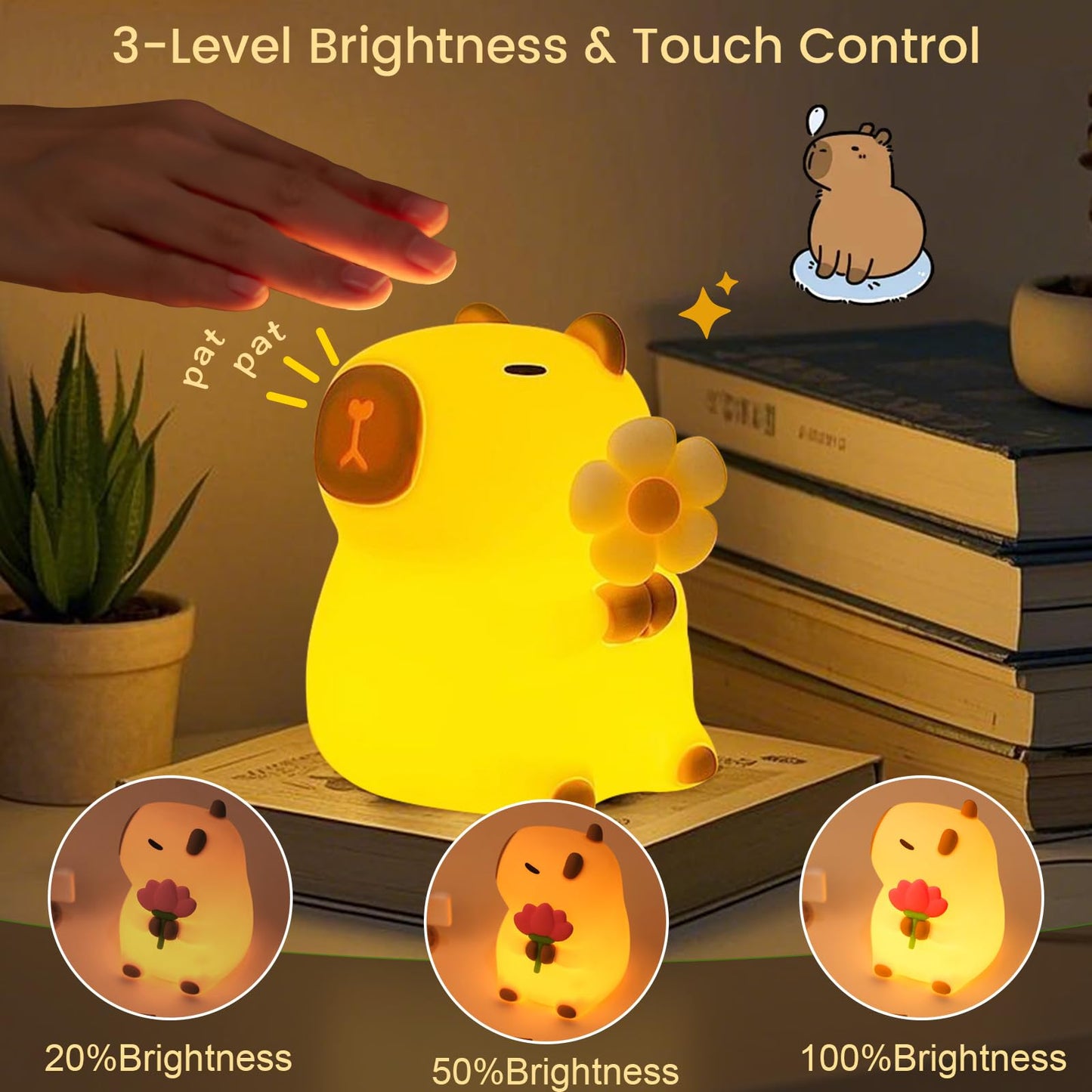 cute animal nursery lamp with 3-level brightness and touch control glowing softly on a book
