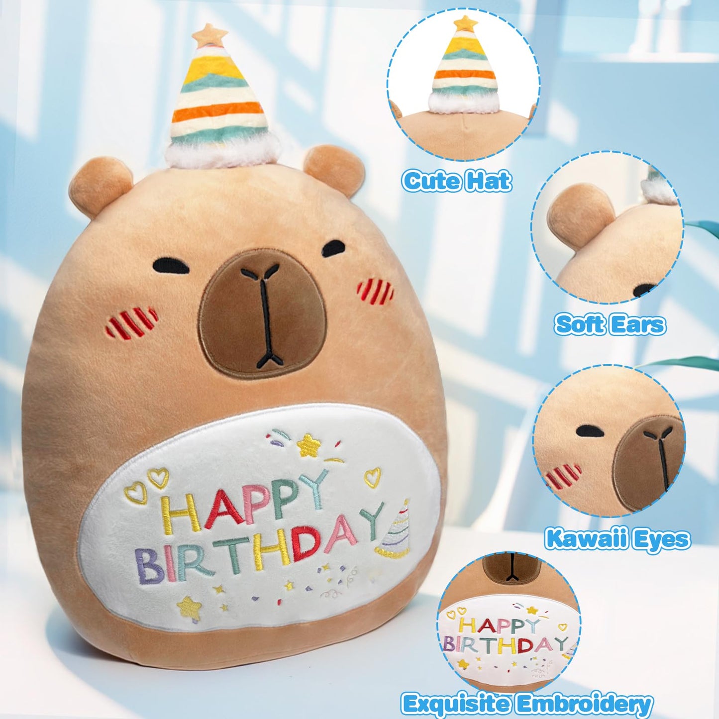 cute capybara plush pillow with birthday embroidery, soft ears, kawaii eyes, and a colorful party hat