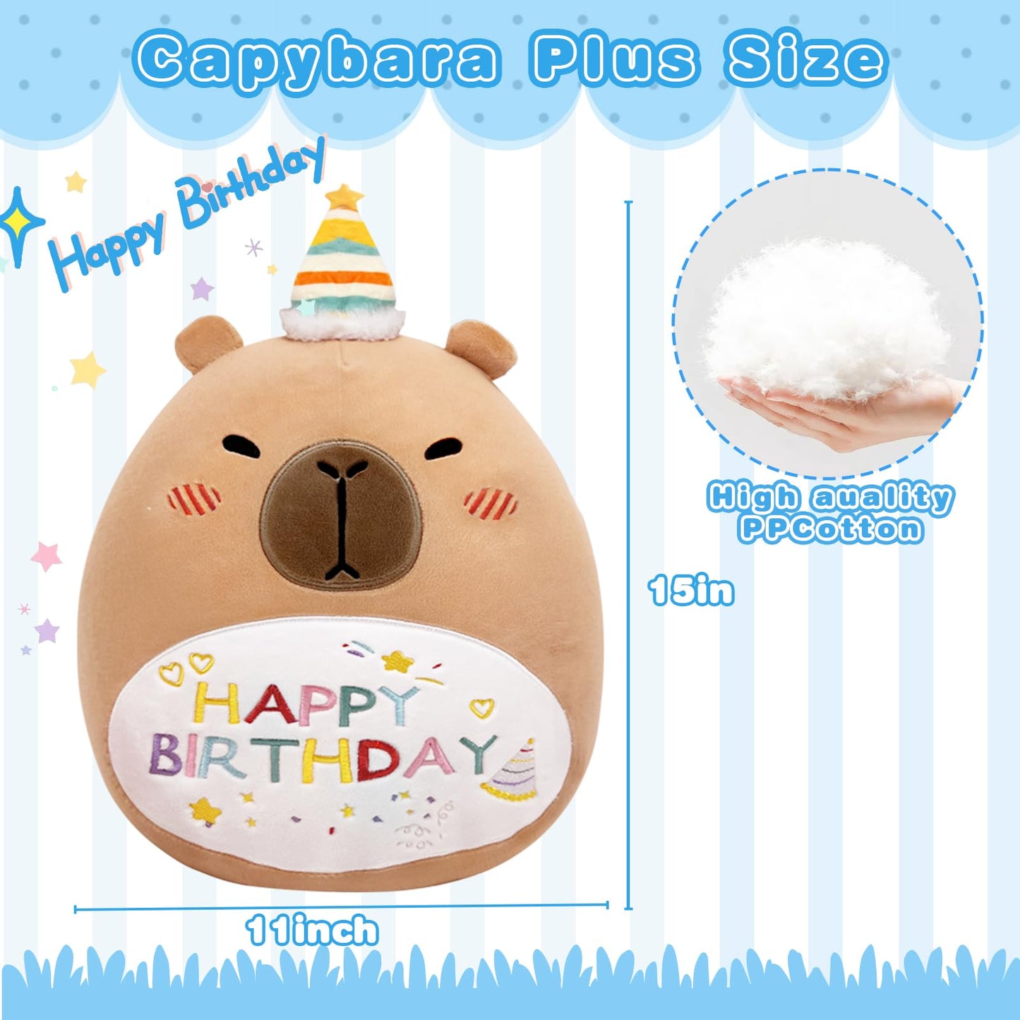 Cute capybara plush pillow with birthday hat and happy birthday design measuring 15 inches tall