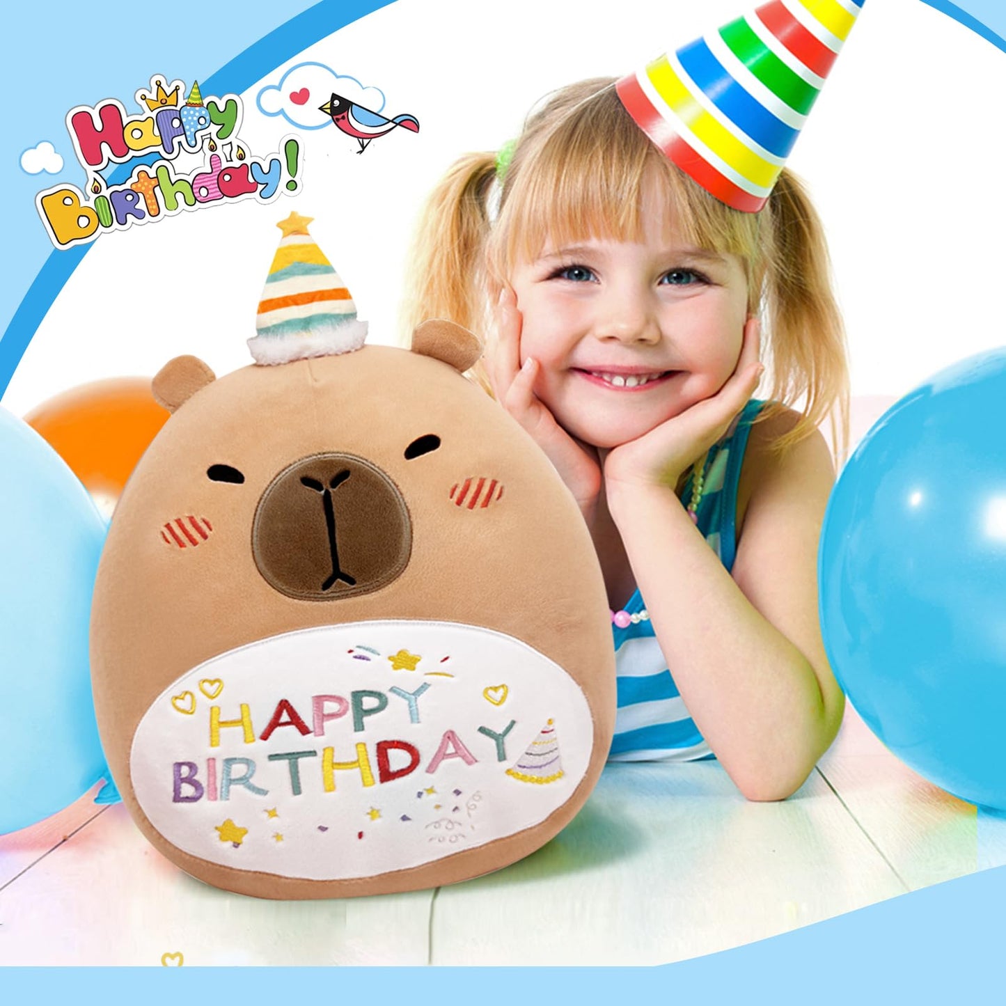 Cute capybara plush pillow with happy birthday design next to smiling girl wearing party hat