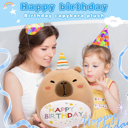 cute capybara plush pillow with birthday hat and colorful happy birthday embroidery