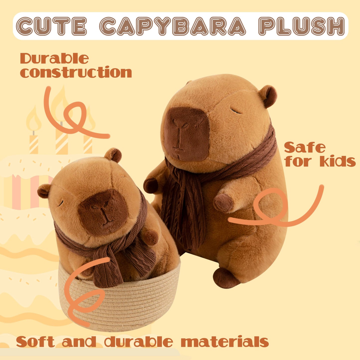 Cute capybara plush with scarf made of soft durable materials safe for kids