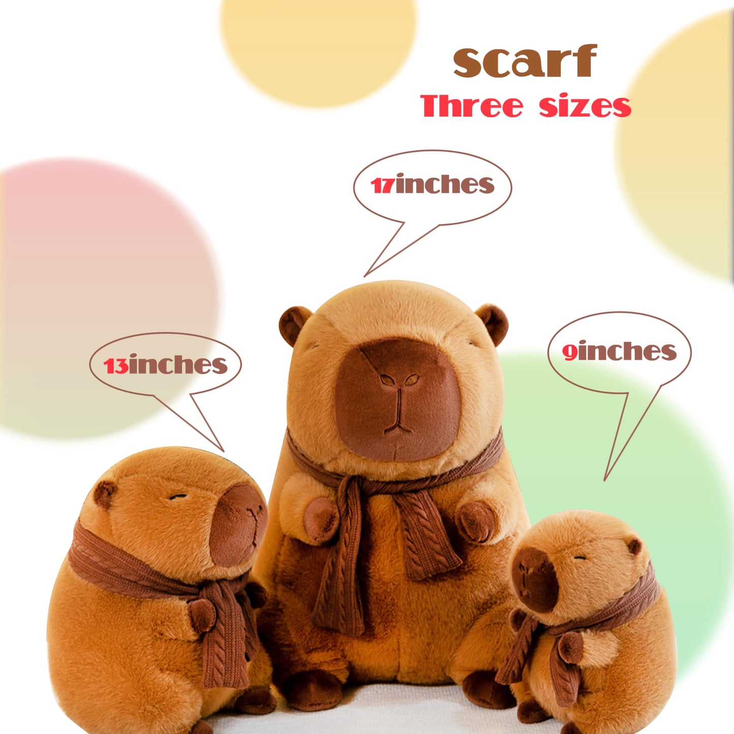 Three capybara plush with scarf stuffed animals in small 9 inches, medium 13 inches, and large 17 inches sizes