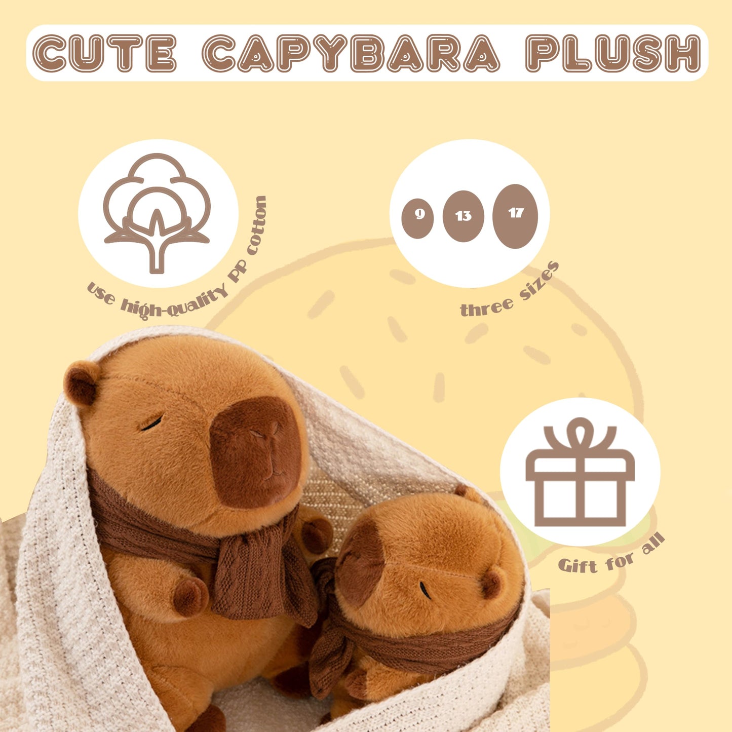 Two cute capybara plush with scarf wrapped in a cozy blanket available in three sizes