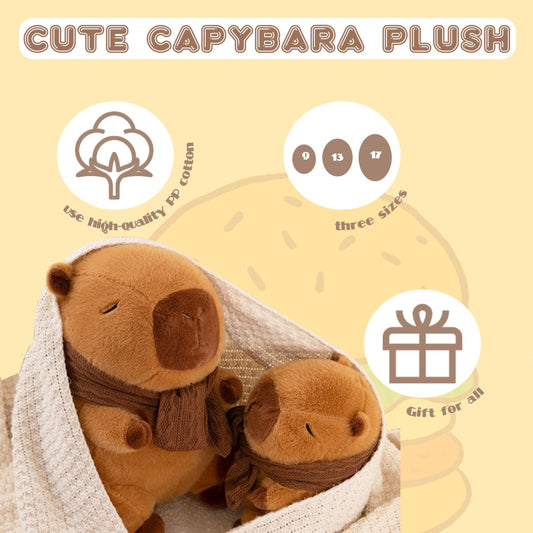 Soft brown capybara plush with scarf made by TXDRRA for cozy cuddling and decoration