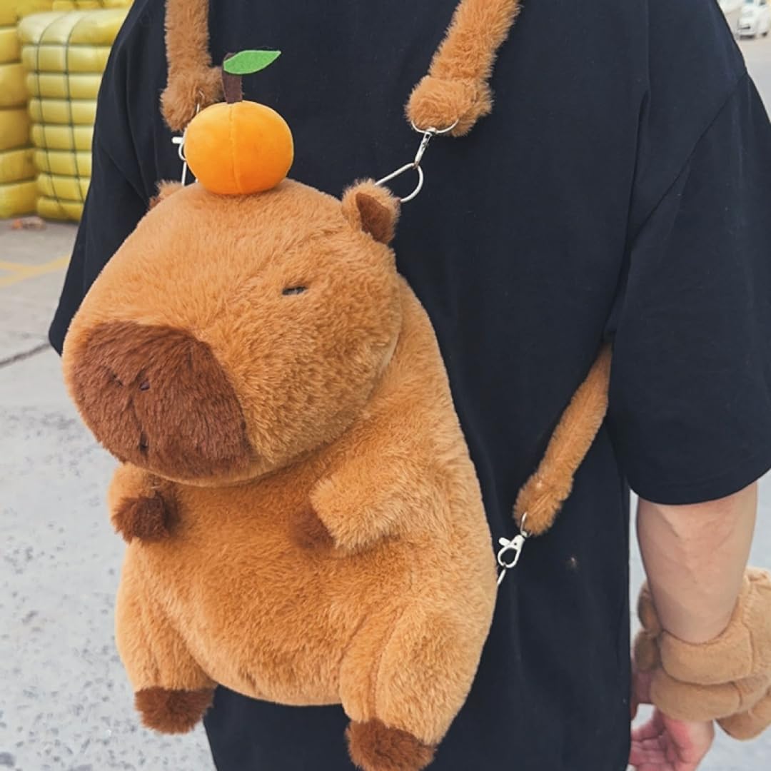Whrigud cute capybara shoulder bag plush design with orange fruit detail worn on back
