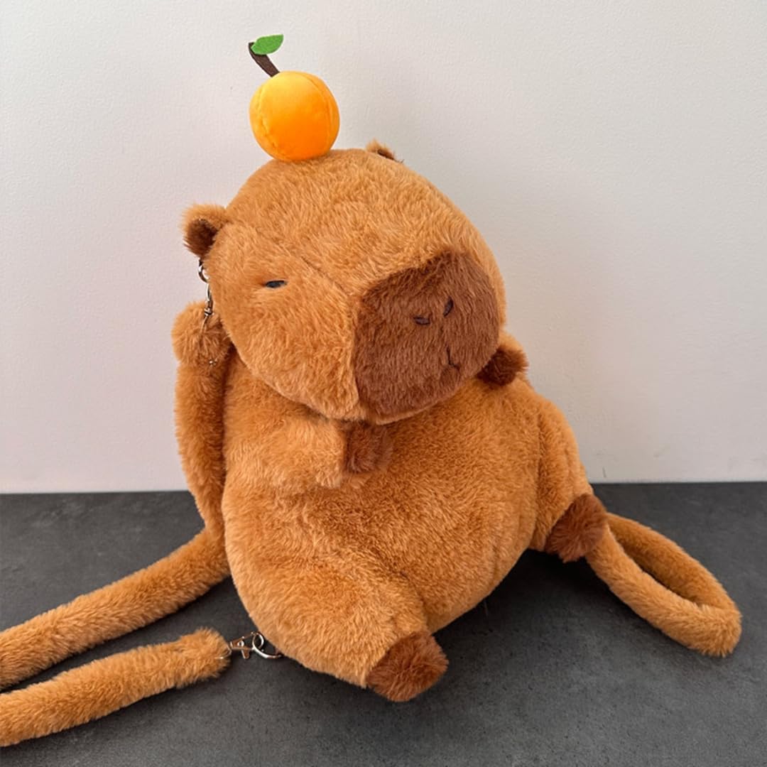 Whrigud cute capybara shoulder bag plush with orange fruit decoration and soft brown fur