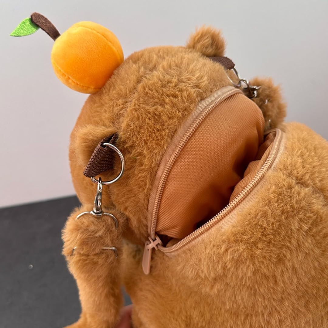 Whrigud cute capybara shoulder bag with soft plush texture and orange fruit detail zipper pocket