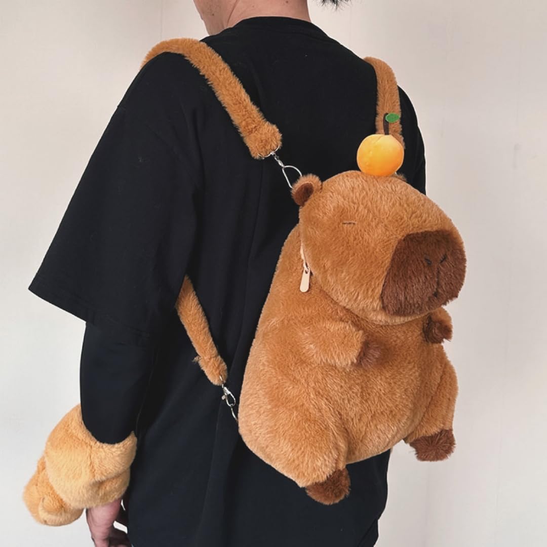 Whrigud cute capybara shoulder bag in plush brown fabric worn on back with adjustable straps