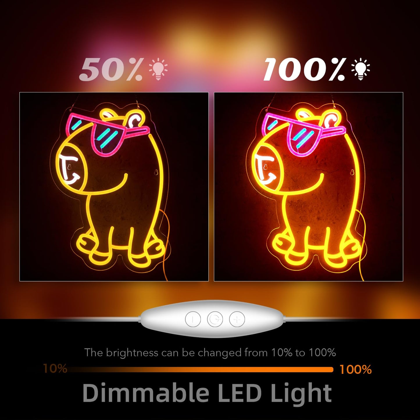 Jimeva cute pet neon wall decor dimmable LED light showing brightness at 50 and 100 percent